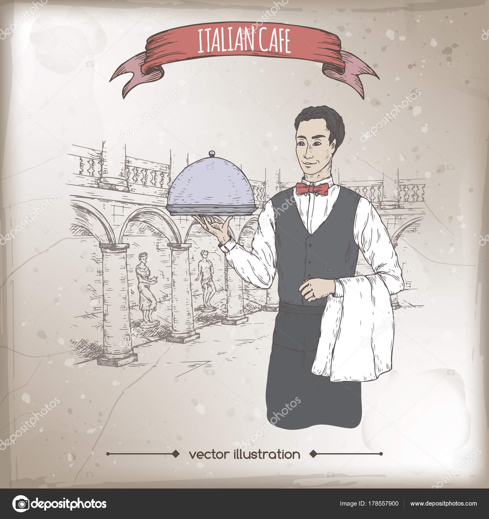 Tjener i italiensk cafe håndtegnet vektor skitse . Stockvektor af  ©msokolyan 178557900, image size:1600x1700