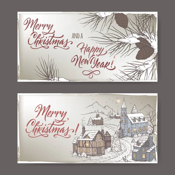 Bannières de Noël 2 couleurs avec village de montagne, branches de pin sous la neige et lettrage brosse de vacances — Image vectorielle