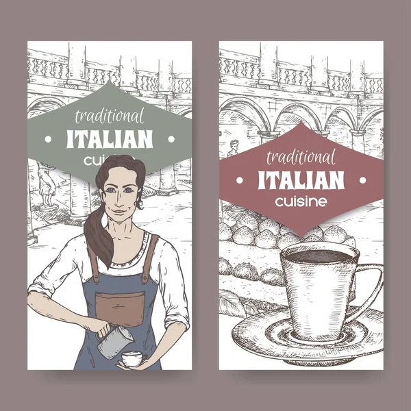 Twee labels met barista, Ilalian patio, koffiekopje en tiramisu op wit. — Stockvector