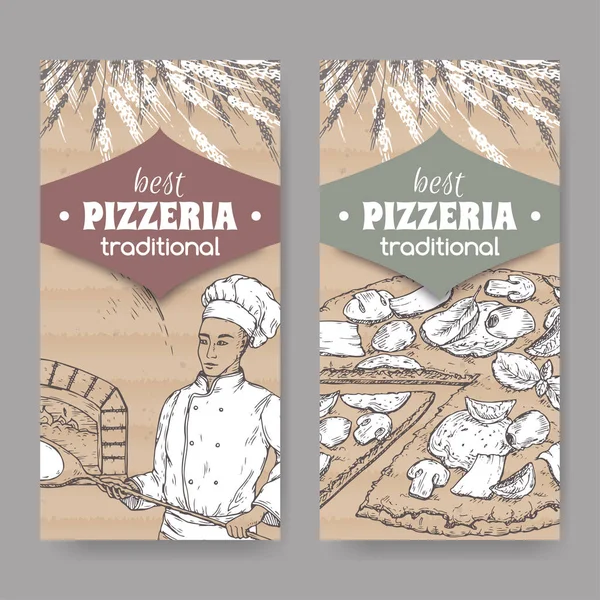 Dos etiquetas de pizzería con panadero, horno y pizza sobre cartón . — Vector de stock