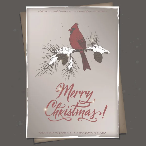 Tarjeta de felicitación de formato A4 de Navidad de color vintage con pájaro cardinal en el buzón, rama de pino y letras de cepillo de vacaciones — Vector de stock