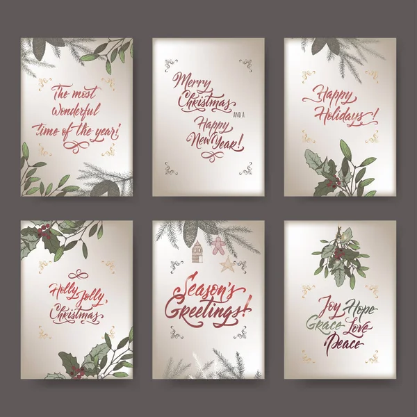 Набор из 6 форматов формата А4 Рождественские открытки с омелой, сосновыми ветвями и праздничными буквами . — стоковый вектор