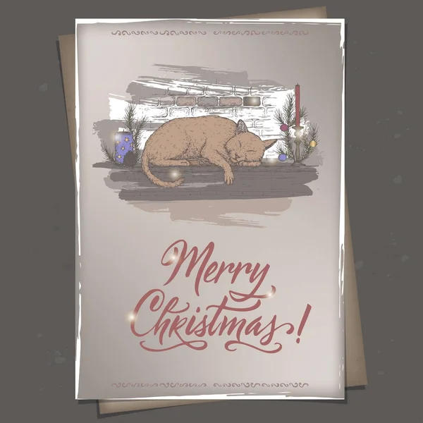 Tarjeta de Navidad de formato A4 de color vintage con gato durmiendo en la chimenea decorada mantel y letras de cepillo de vacaciones — Vector de stock
