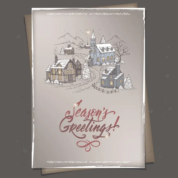Tarjeta de Navidad de formato A4 de color vintage con letras de pueblo de montaña y pincel de vacaciones — Vector de stock