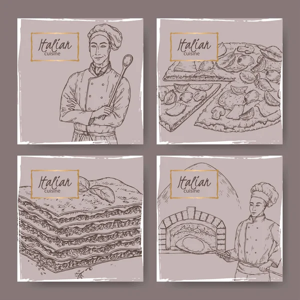Набор из четырех винтажных этикеток итальянской кухни с изображением повара, пекаря, пиццы и лазаньи . — стоковый вектор