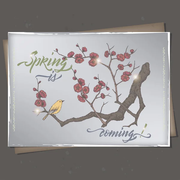 Plantilla romántica de tarjeta de felicitación de formato A4 vintage con caligrafía de cepillo de primavera y dibujo de color de rama de ciruela floreciente . — Vector de stock