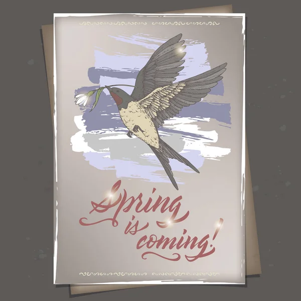 Romantiska A4 format färg gratulationskort med våren med borste kalligrafi och färg flygande sväljer skiss. — Stock vektor