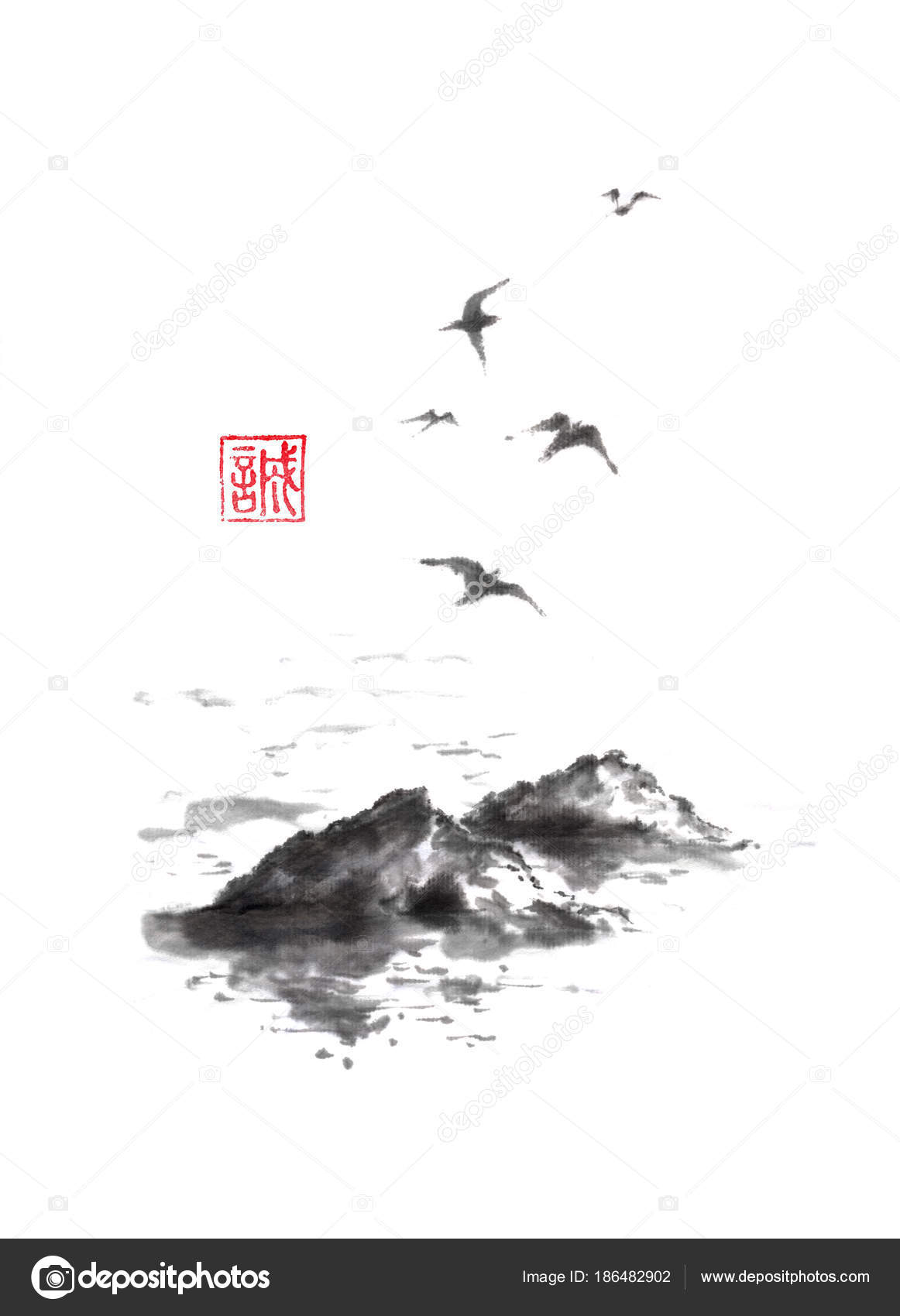 Burung camar laut terbang dan batu Gaya Jepang asli lukisan tinta sumi-e .  — Foto Stok © msokolyan #186482902, image size:1162x1700