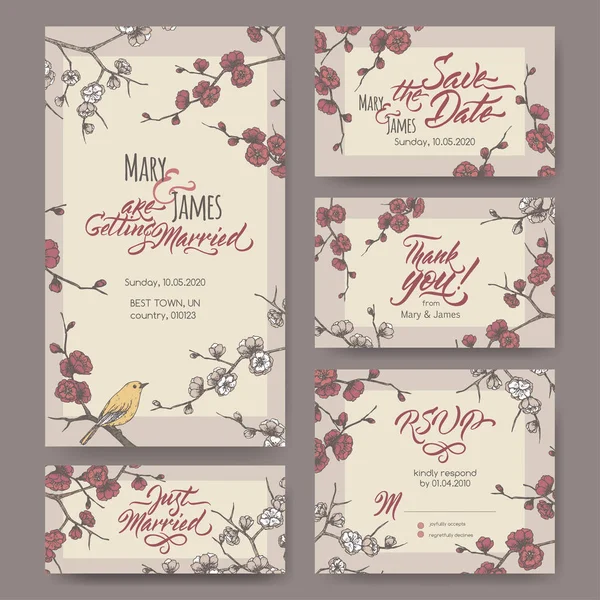 Conjunto de cinco tarjetas de boda atractivas originales basadas en el bosquejo de color de rama de ciruela floreciente y caligrafía de cepillo . — Archivo Imágenes Vectoriales