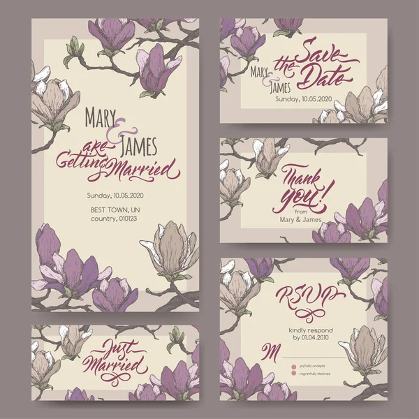 Conjunto de cinco originales tarjetas de boda atractivas basadas en magnolia flor color boceto y caligrafía cepillo . — Vector de stock