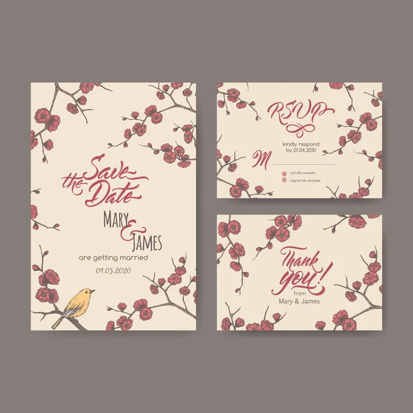 Conjunto de tres tarjetas de boda atractivas originales basadas en el bosquejo de rama de ciruela floreciente y caligrafía de cepillo . — Vector de stock