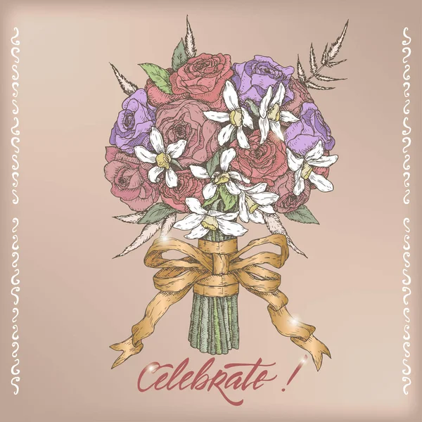 Elegante plantilla de tarjeta de felicitación de boda vintage con caligrafía y boceto de ramo de color . — Vector de stock