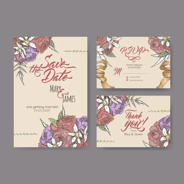 Conjunto de tres tarjetas de boda atractivas originales basadas en boceto de color ramo y caligrafía de cepillo . — Vector de stock