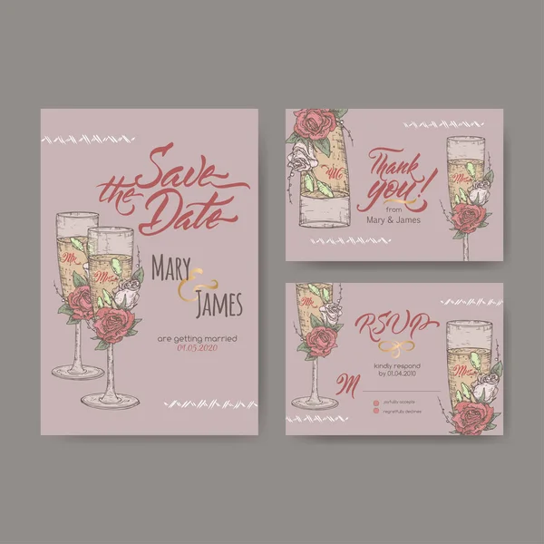 Conjunto de tres tarjetas de boda atractivas originales basadas en bosquejo de color de copa de vino y caligrafía de pincel . — Vector de stock