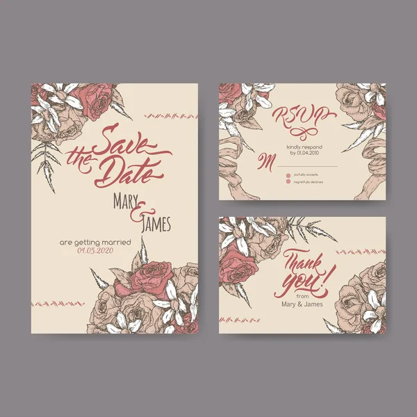 Conjunto de tres originales tarjetas de boda atractivas basadas en boceto vintage ramo y caligrafía cepillo . — Archivo Imágenes Vectoriales
