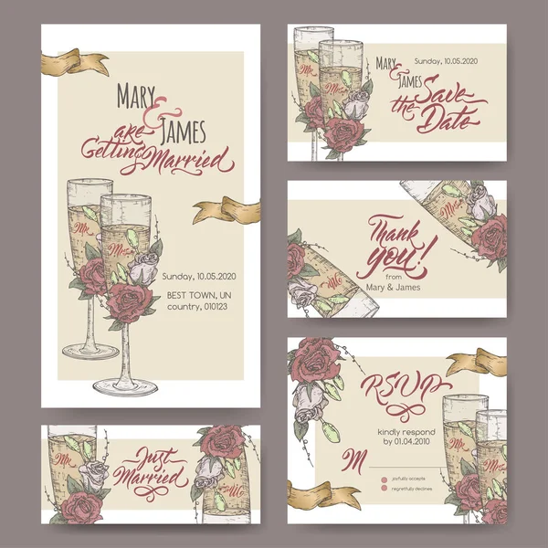 Conjunto de cinco tarjetas de boda atractivas originales basadas en bosquejo de color de copa de vino y caligrafía de pincel . — Vector de stock