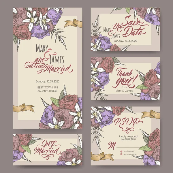 Conjunto de cinco tarjetas de boda atractivas originales basadas en bosquejo de color de ramo de novia y caligrafía de cepillo . — Vector de stock