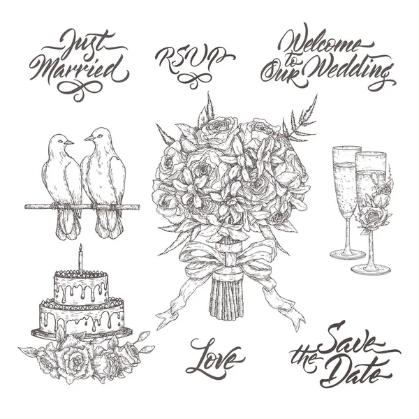 Esküvői kapcsolódó vázlatok és ecset kalligráfia. Magában foglalja a pohár, csokor, galambok és torta díszítéssel vázlat. — Stock Vector