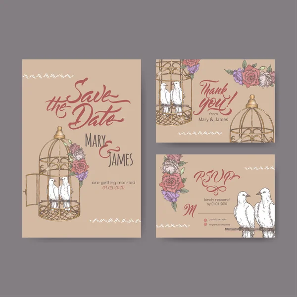 Conjunto de tres atractivas tarjetas de boda originales basadas en palomas en bosquejo de color jaula y caligrafía de pincel . — Vector de stock