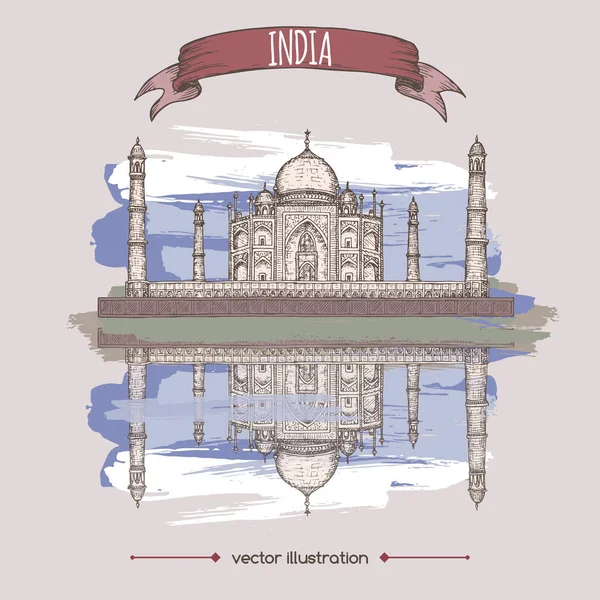 Vintage χρώμα ταξίδια εικονογράφηση με Taj Mahal σκίτσο — Διανυσματικό Αρχείο