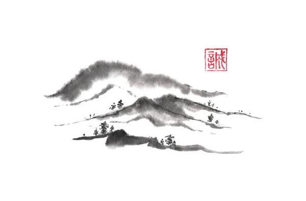 Japoński styl sumi-e odległe wzgórza atramentu malarstwo. — Zdjęcie stockowe