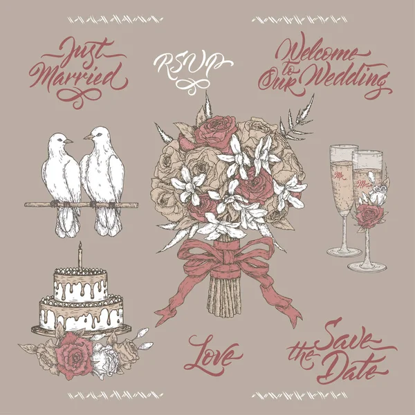Set de bosquejos relacionados con la boda de color vintage y caligrafía de pincel. Incluye copa de vino, ramo, palomas y tarta . — Archivo Imágenes Vectoriales