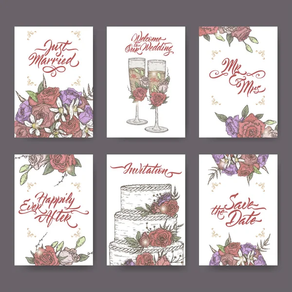 Set de 6 tarjetas de boda de color vintage basadas en bocetos y caligrafía de pincel. Incluye copa de vino, ramo y tarta . — Archivo Imágenes Vectoriales