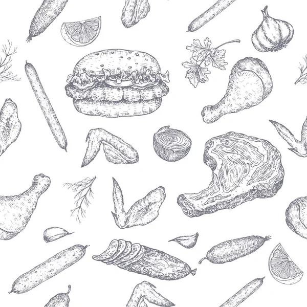 Meat products seamless pattern featuring sketches of cold meats, sausages, hamburger, steak, chicken, vegetables. — 스톡 벡터