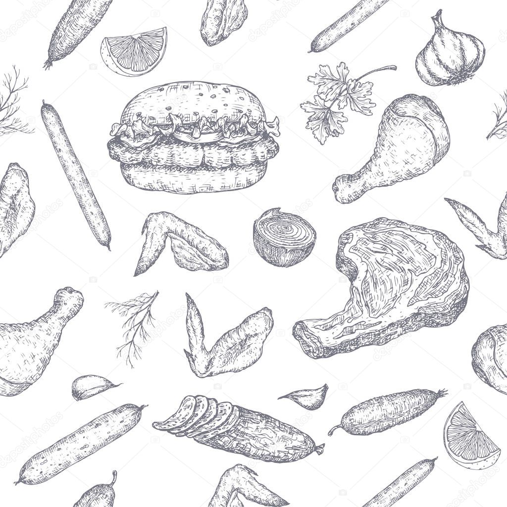 Meat products seamless pattern featuring sketches of cold meats, sausages, hamburger, steak, chicken, vegetables.