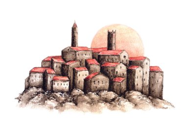 Günbatımı suluboya resimli Sepia Toskana kasabası.