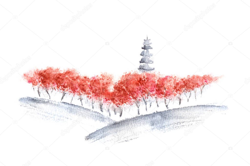 Japanese cherry hills minimalistic landscape watercolor painting.