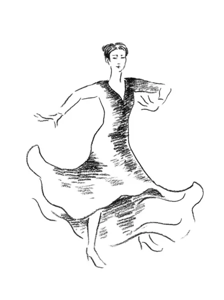 Szkic wirującego tancerza flamenco ręcznie rysowany węgiel drzewny. — Zdjęcie stockowe