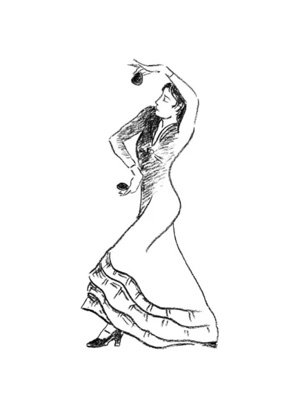 Spanish flamenco dance performer with castanets hand drawn charcoal sketch. — Stock Photo, Image