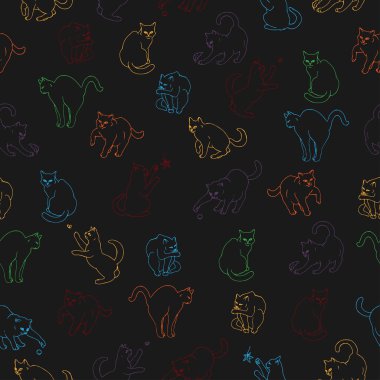 Elle çizilmiş kusursuz desenli siyah üzerine oyuncu kediler..