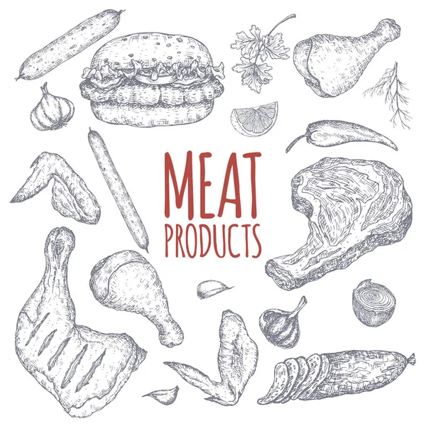 Modelo sem costura de produtos de carne com esboços de carnes frias, salsichas, hambúrguer, bife, frango, legumes . —  Vetores de Stock