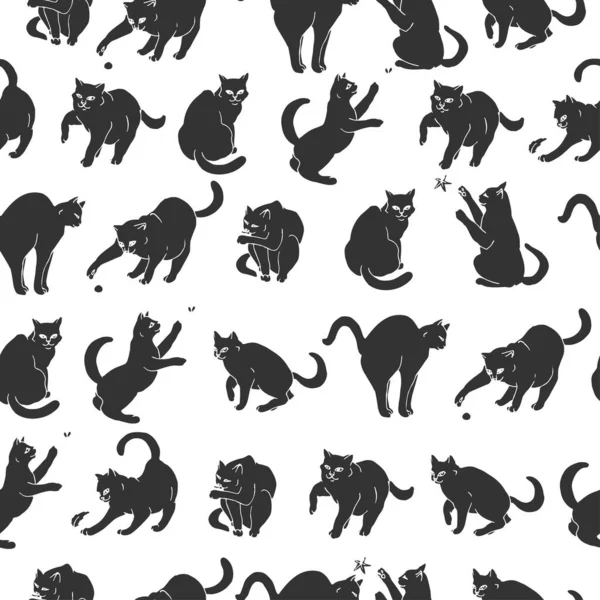 Modèle sans couture avec des chats noirs ludiques dessinés à la main . — Image vectorielle