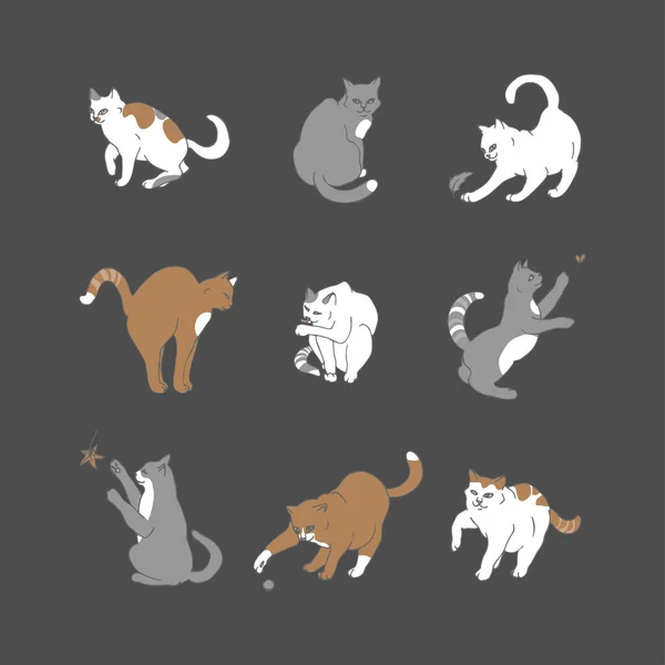 Dokuz el çizilmiş renkli kediler.. — Stok Vektör