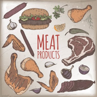 Meat products color template featuring sketches of cold meats, sausages, hamburger, steak, chicken, vegetables. clipart