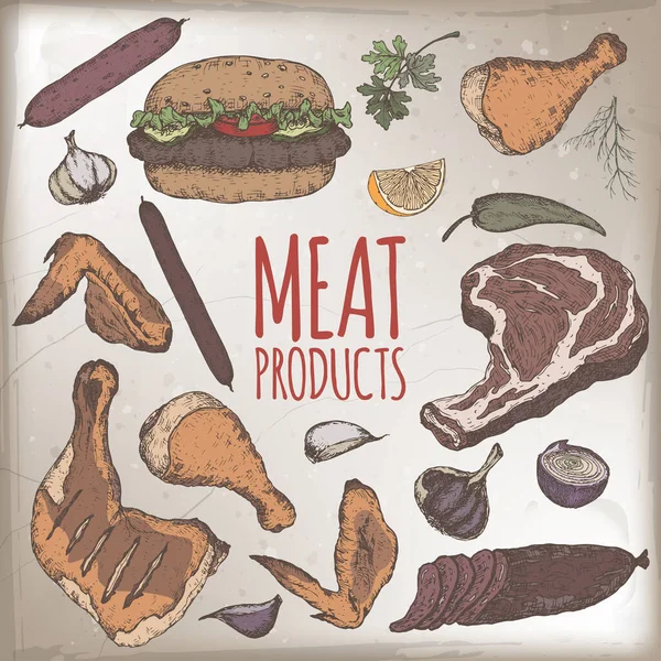 Modelo de cor de produtos de carne com esboços de carnes frias, salsichas, hambúrguer, bife, frango, legumes . — Vetor de Stock