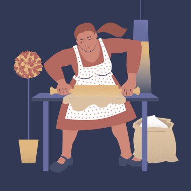 Hamuru pişirmek için yuvarlayan bir bayanla vektör çizimi.