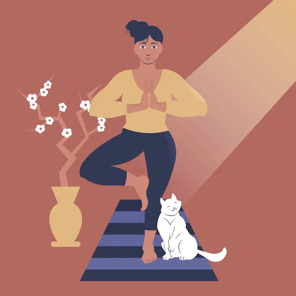 Ilustração vetorial com uma senhora e seu gato fazendo ioga . — Vetor de Stock