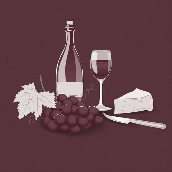 Adegan meja dengan botol anggur dan kaca, sekelompok anggur dan keju. - Stok Vektor
