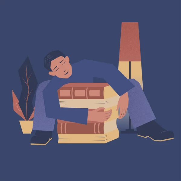 한 남자 아이가 책 더미를 껴안고 있는 모습. — 스톡 벡터
