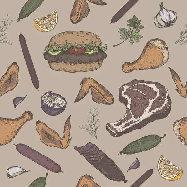 Vleesproducten kleuren naadloos patroon met schetsen van koud vlees, worst, hamburger, steak, kip, groenten. — Stockvector