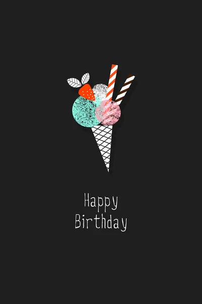 Greeting card with a birthday. Ice cream illustration. Logo. Poster. Printing on T-shirts. — Stock Vector