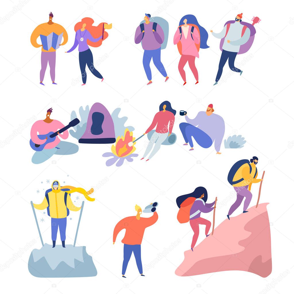 Hiking tourist vector illustration. People character with backpack. Backpacking trip concept, cartoon style collection 