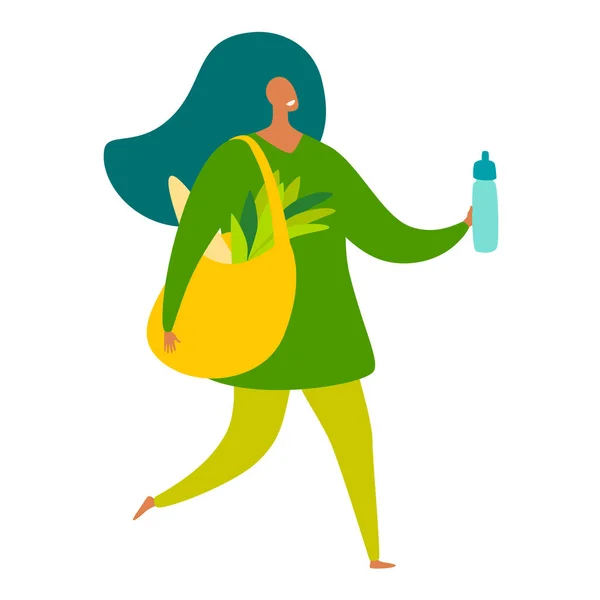 Happy Eco Friendly Woman Canvas Shopping Bag Goes Water Bottle — Stock Vector