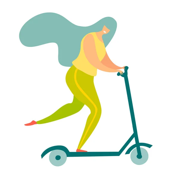 Mujer Joven Ilustración Vectorial Scooter Transporte Ecológico Protección Naturaleza Concepto — Vector de stock