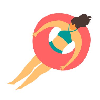 Plastik halkalar üzerinde havuzda yüzen bir kadın. Denizde yüzen kız. Kadın dinlenir, yaz tatili dinlenir. Yaz tatili ve açık hava aktiviteleri. Düz çizgi film biçimi, beyaz arkaplanda izole