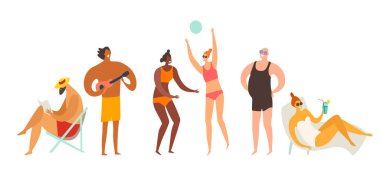 Plaj aktiviteleri vektör illüstrasyonu. Adam kitap okuyor ve gitar çalıyor. Voleybol oynayan ve kumsalda güneşlenen bir kadın. Yaz tatili konsepti. Düz çizgi film tarzı, izole edilmiş.